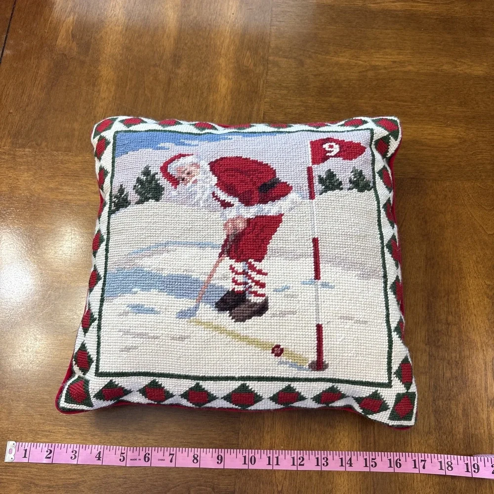 Vintage Christmas Needlepoint Pillow Santa Claus Golfing 14